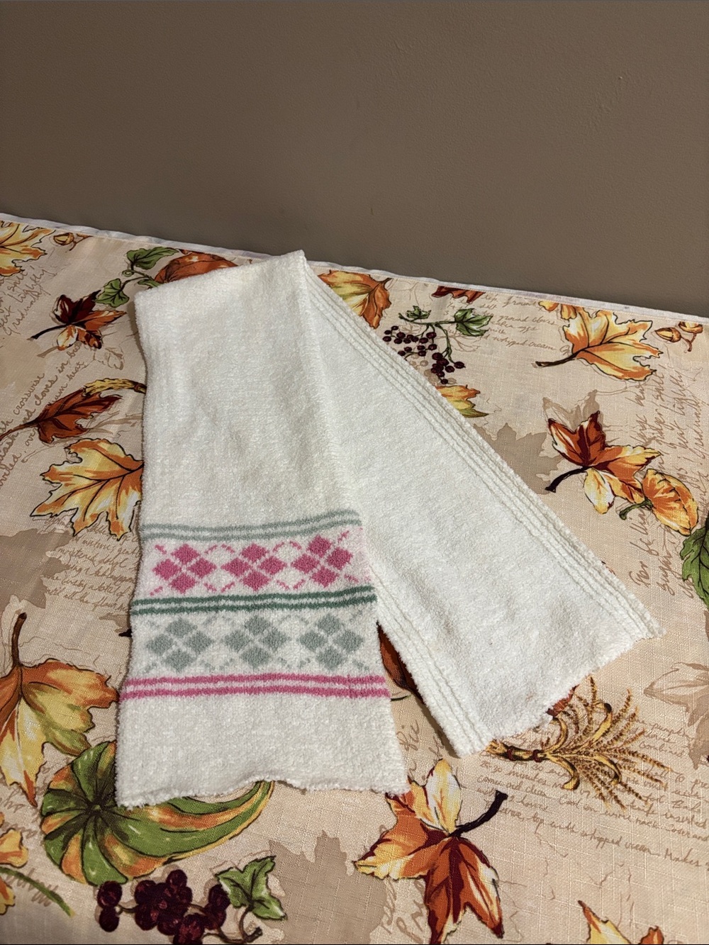 Cozy White Knit Scarf with Pink & Gray Fair Isle Pattern
